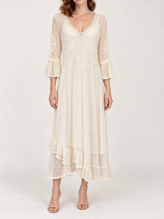 Sundance Dresses & Skirts - Ivory Swiss Dot Lace Midi Dress Sundance Large Embroidered Ruffles Boho Romantic